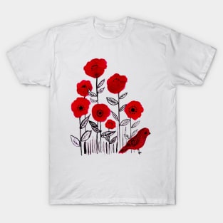 Poppies and little red bird watercolor painting T-Shirt